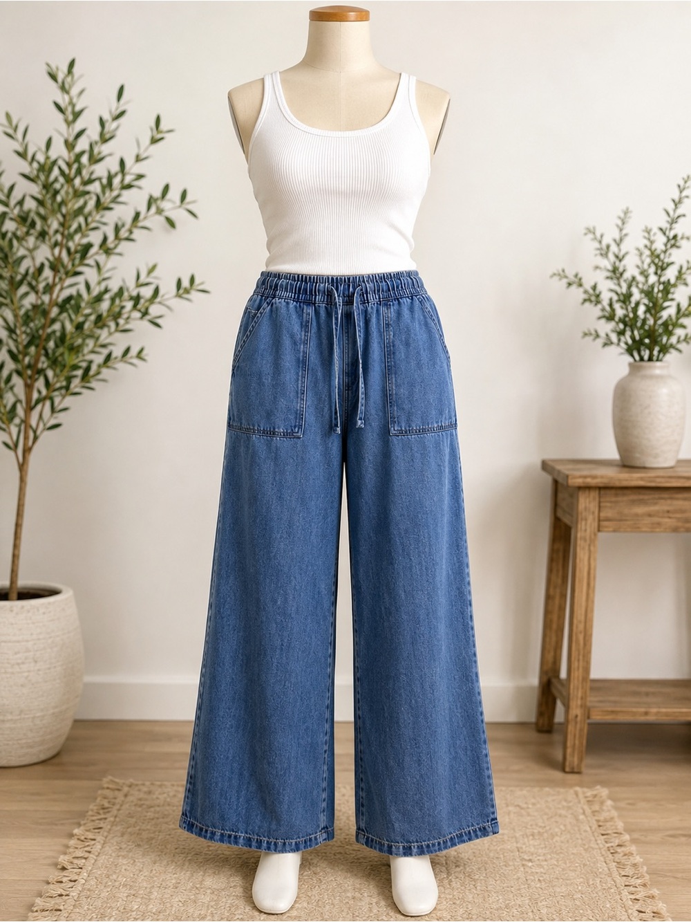Thread & Supply High-Rise Wide Leg Denim Drawstring Pants - Blue